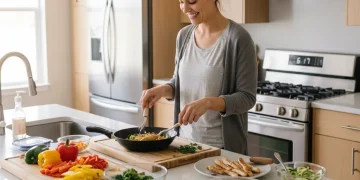 Relieved parent quickly preparing a healthy weeknight dinner in a modern kitchen.