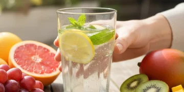 Refreshing glass of water with lemon and mint, surrounded by fresh fruits, promoting healthy hydration.