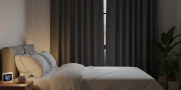 Serene bedroom with blackout curtains and cool lighting, optimized for sleep