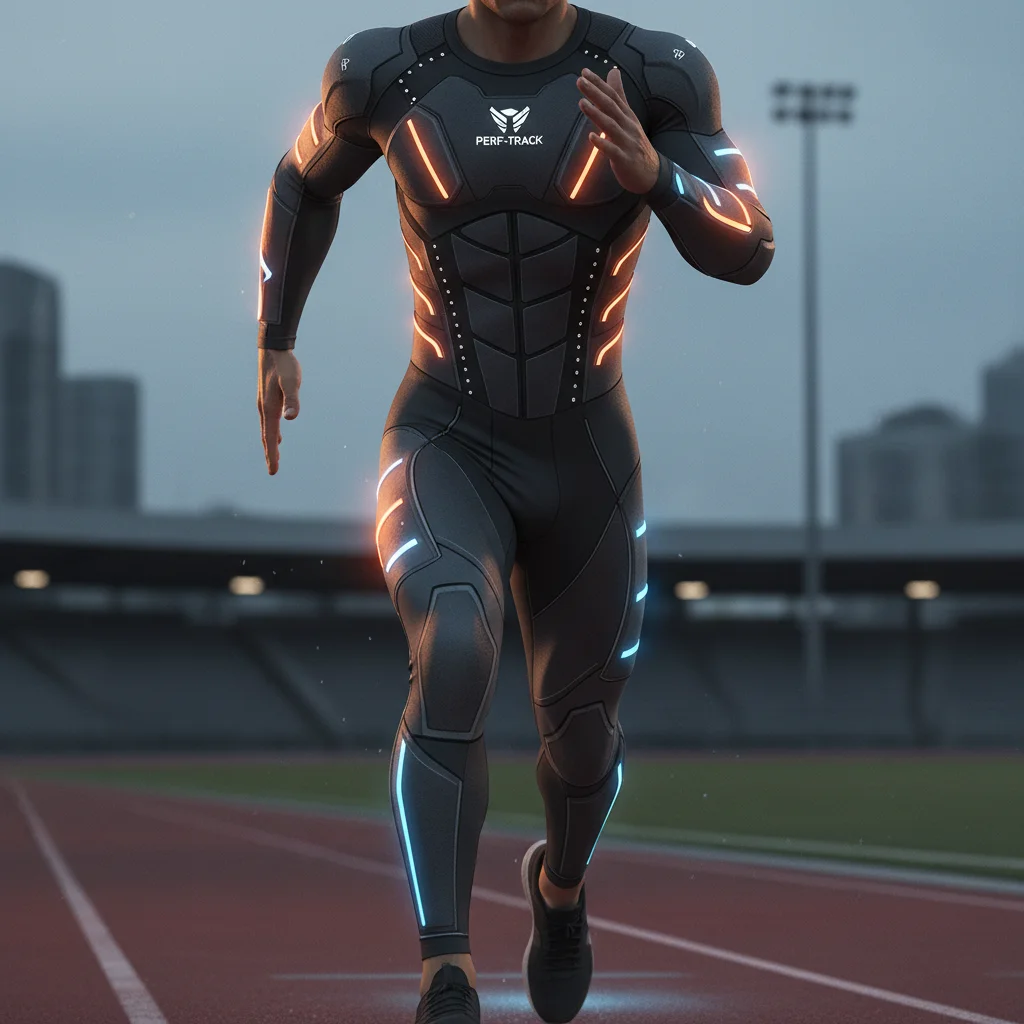Smart athletic apparel with embedded sensors tracking muscle activity and recovery.