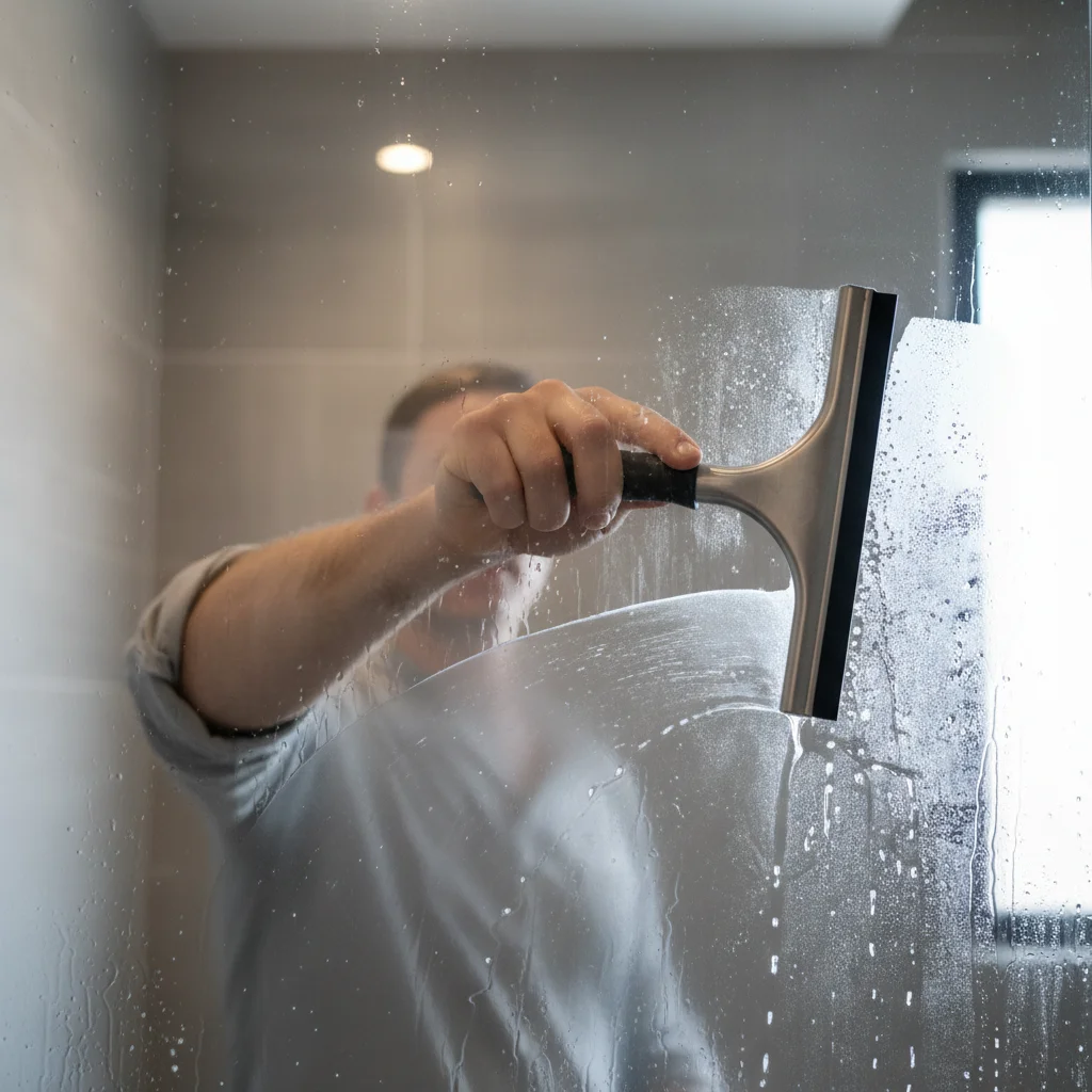 Person using squeegee on glass shower door