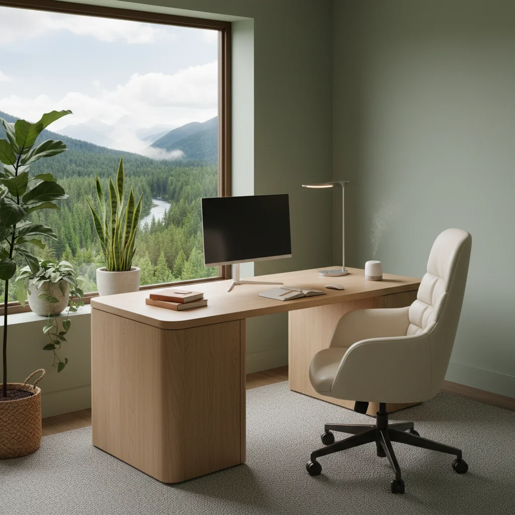 Calm and focused home office with natural light and ergonomic design