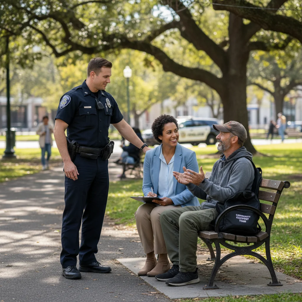 Co-responder model in public safety with police and social worker.
