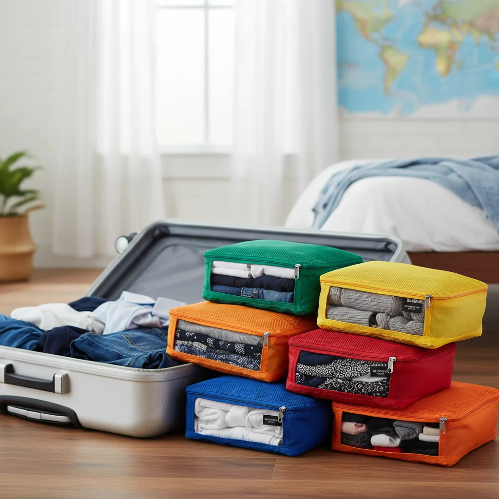 Compression packing cubes organizing clothes in a suitcase