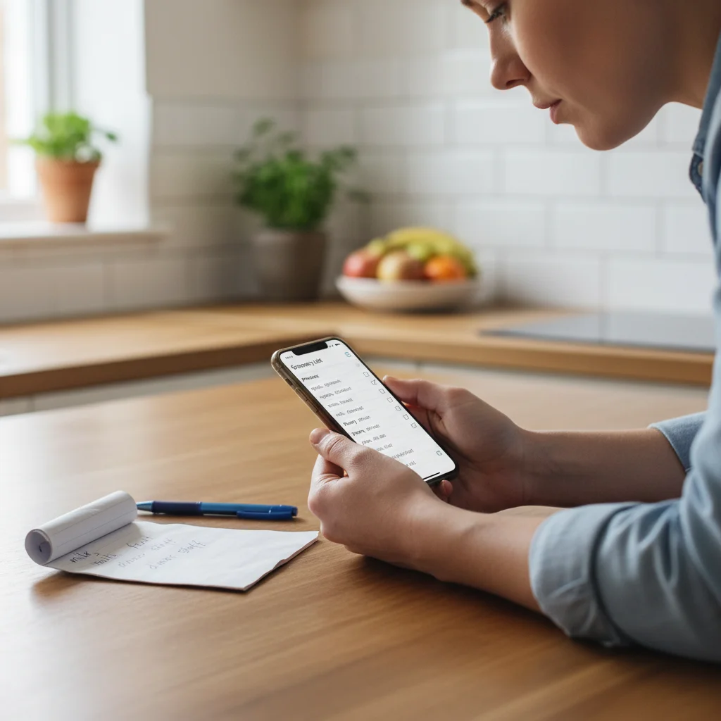 Person creating a detailed grocery list on a phone and paper