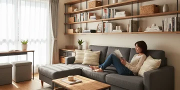 Efficiently organized small living room with multi-functional furniture