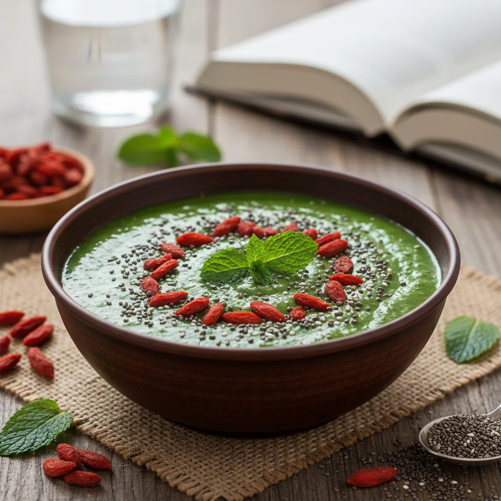 Green superfood smoothie bowl with chia and goji berries