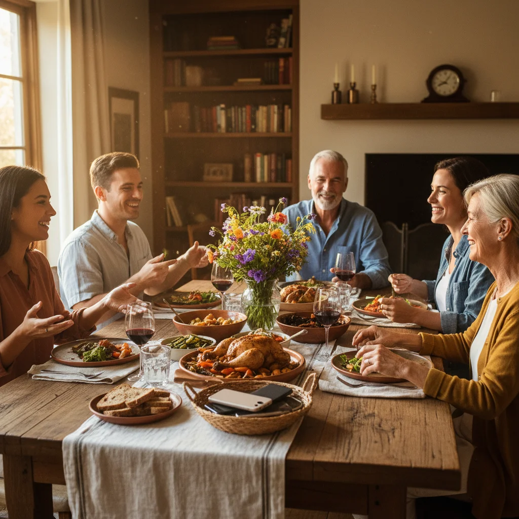 Friends and family sharing a joyful, screen-free meal together, emphasizing meaningful human connection.