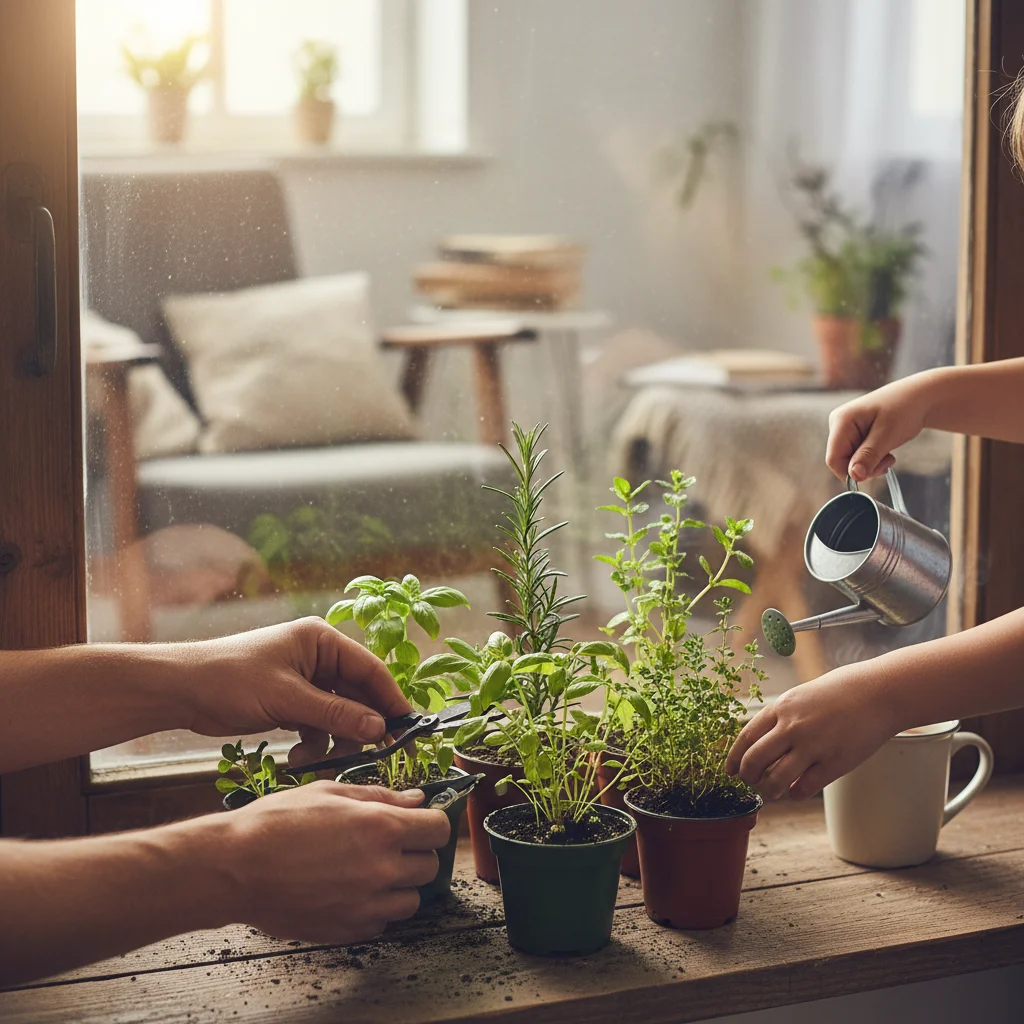 Hands gently watering an indoor herb garden, symbolizing mindful daily routines and connection to nature.