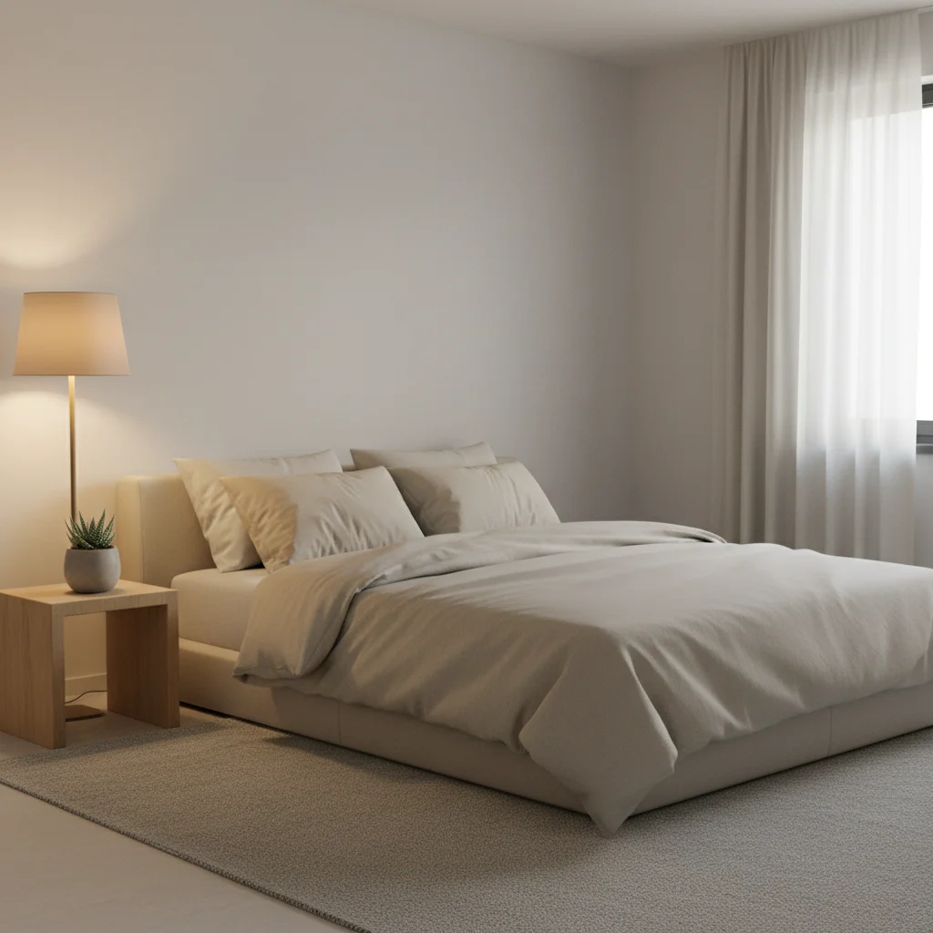 Minimalist bedroom with soft lighting and natural elements for relaxation