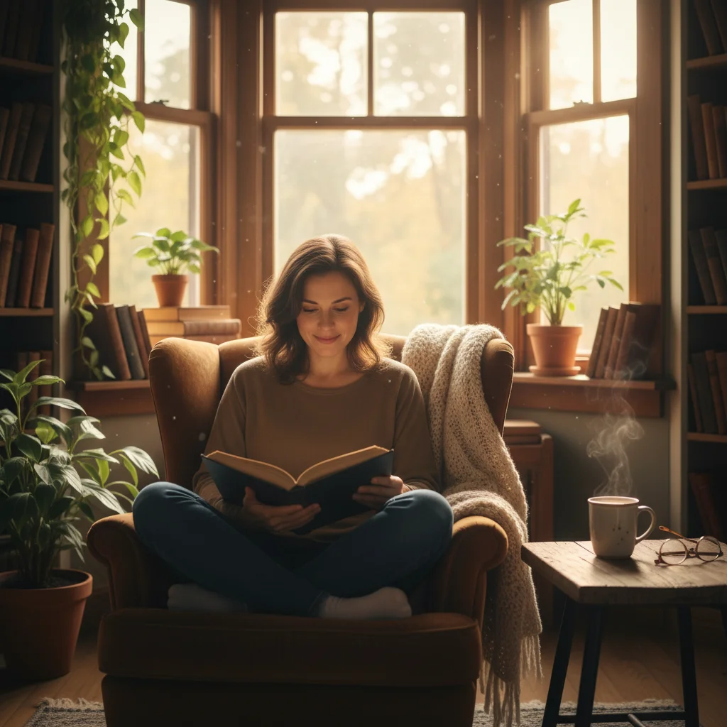 Person reading a physical book, illustrating engagement in non-digital, enriching activities.