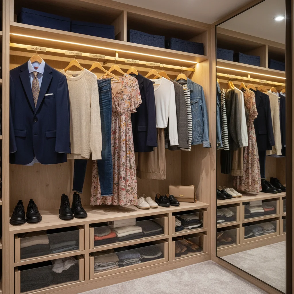 Organized closet with pre-selected outfits for quick morning dressing.