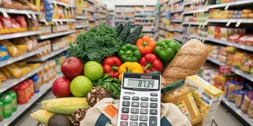 Organized grocery cart with fresh food and calculator showing savings