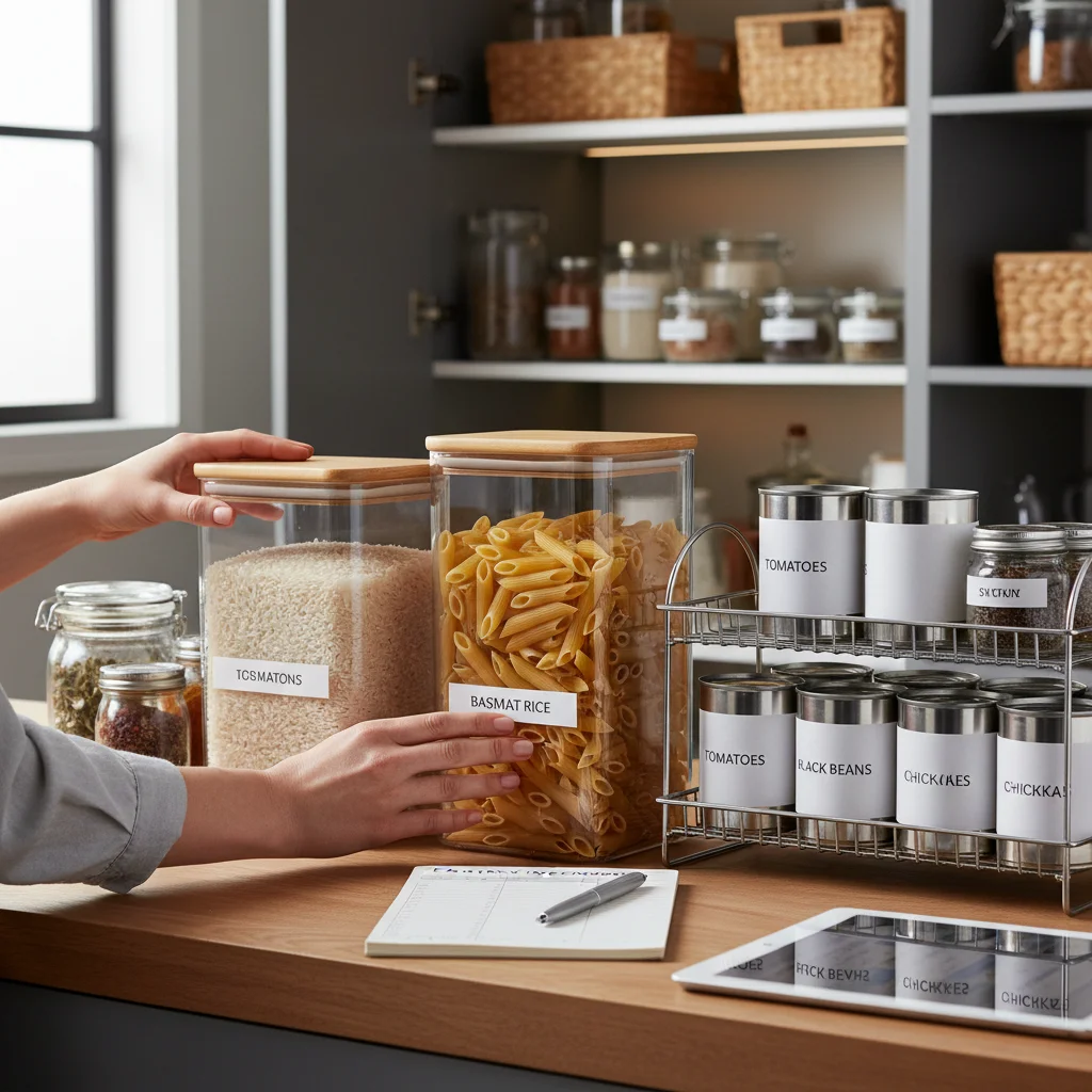 Hands organizing pantry staples into labeled containers