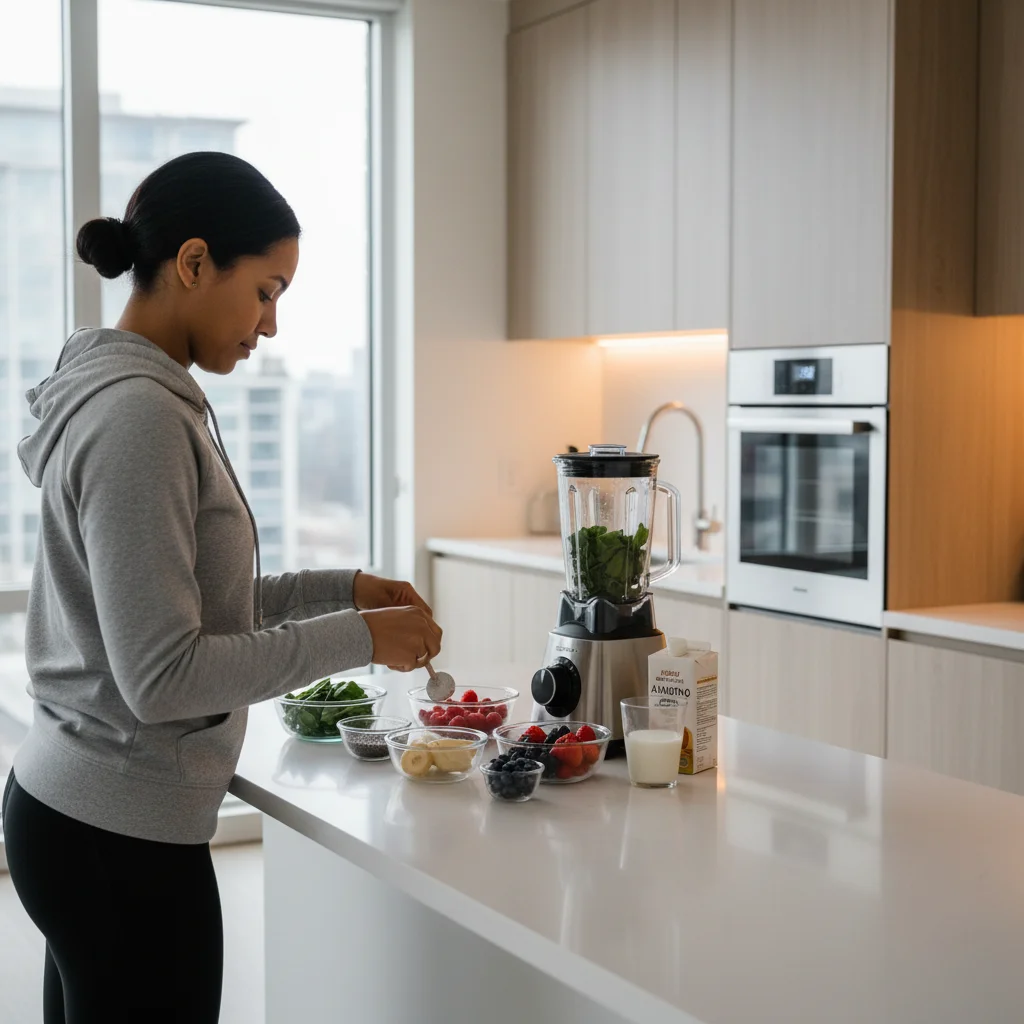 Person making a quick, healthy smoothie with pre-prepped ingredients.