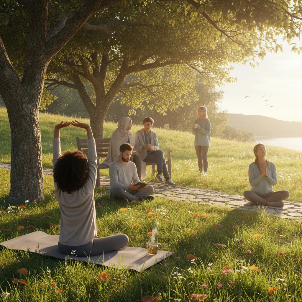 Diverse group practicing self-care activities outdoors, promoting well-being.