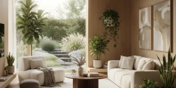 Serene living room with natural light and plants for mental well-being