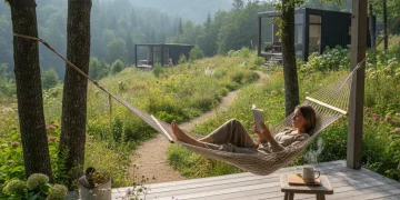 Person relaxing in a hammock with a book, embodying slow living in a peaceful American backyard.
