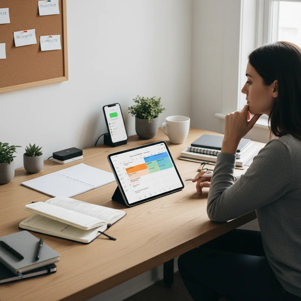 Person focusing on time management and organization techniques at their desk.