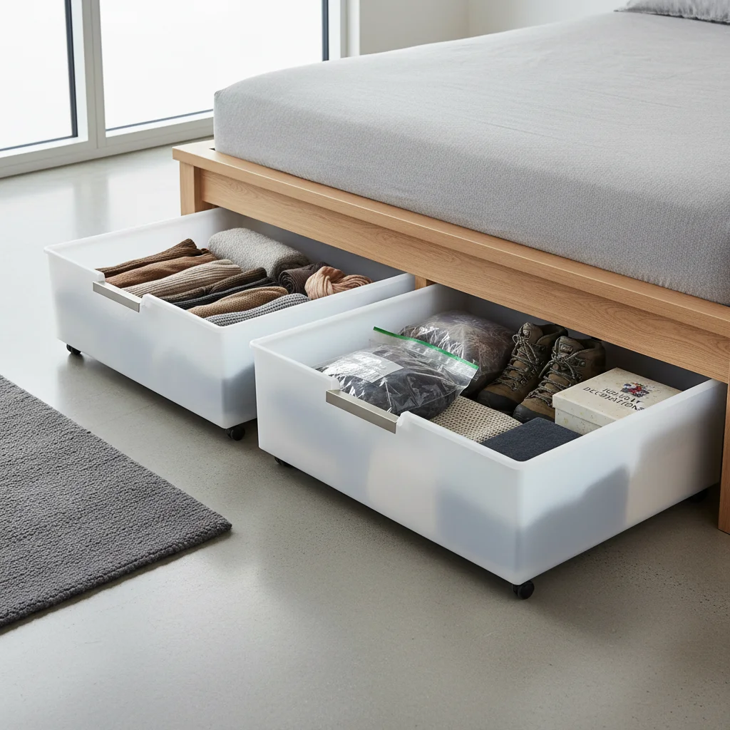 Practical under-bed storage with pull-out drawers for clothes