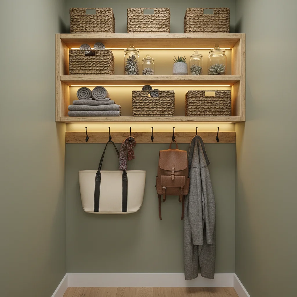 Vertical wall storage solution with baskets and hooks in narrow hallway