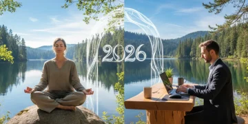 Person meditating and working, symbolizing work-life balance and harmony in 2026.