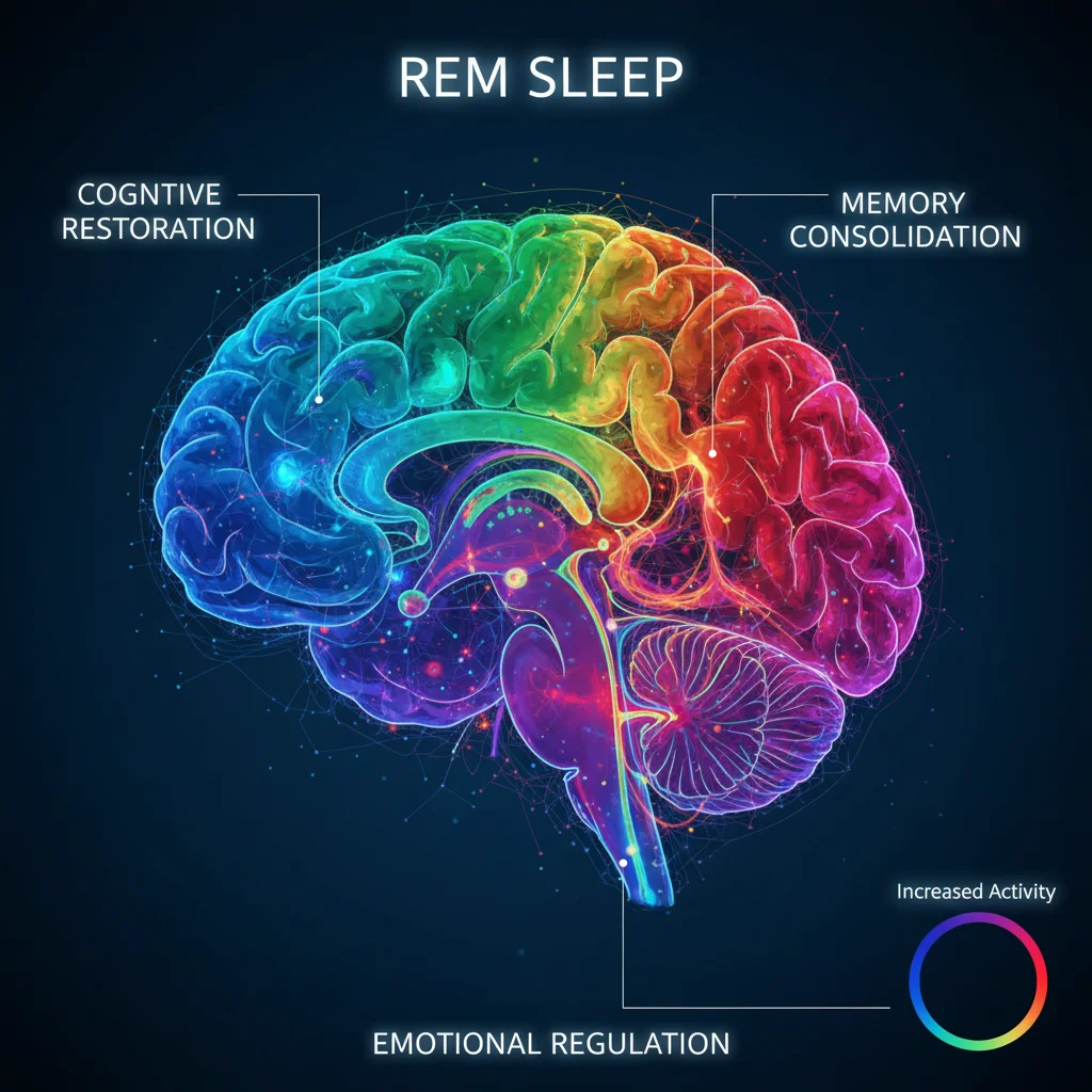 Brain scan during REM sleep, highlighting cognitive restoration and benefits of 7 hours sleep.
