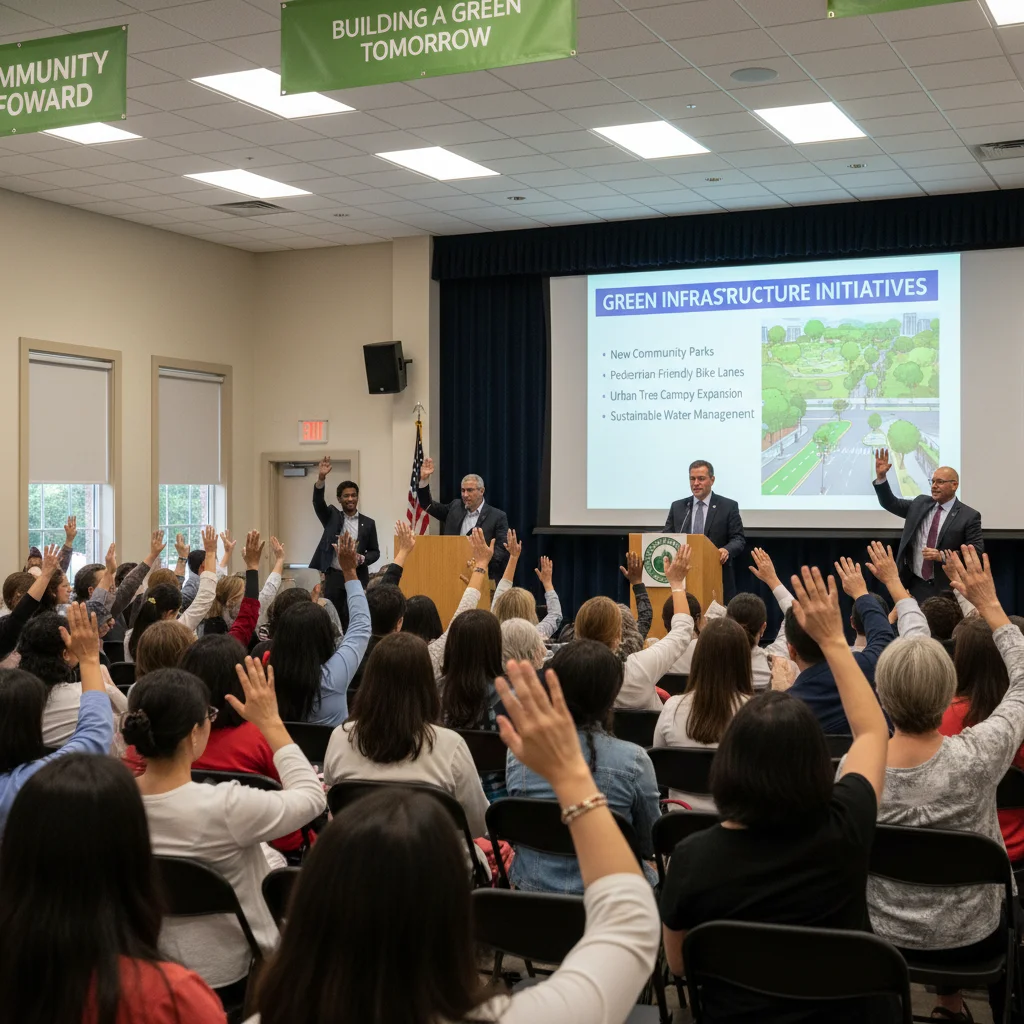 Community members at a town hall discussing green infrastructure projects.