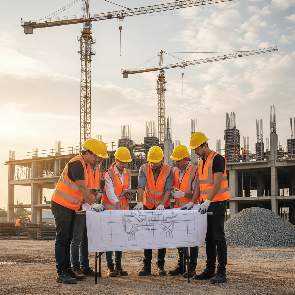 Construction workers reviewing blueprints for a new public transportation hub.