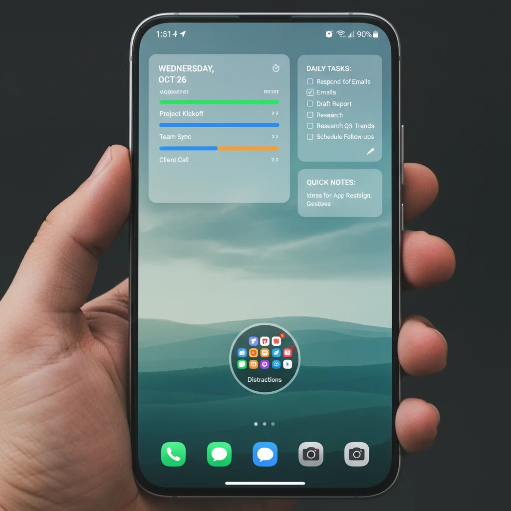 Customized smartphone home screen with productivity widgets and minimalist wallpaper.