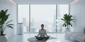 Futuristic smart home interior with integrated wellness technology and a person meditating