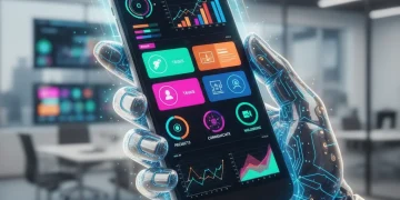 Hand holding smartphone with productivity dashboard, glowing icons, modern office background.