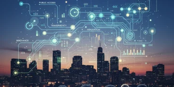 Digital representation of government transparency with interconnected data points over a city