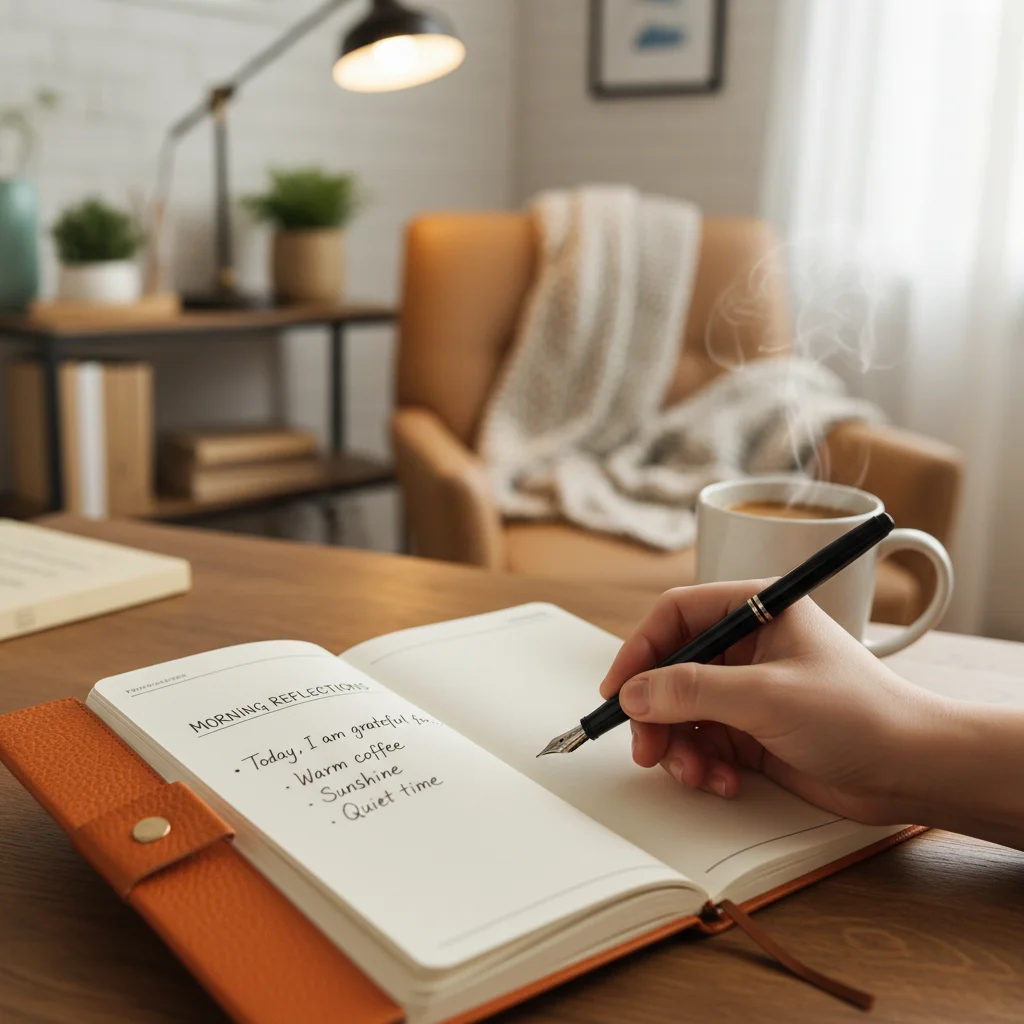 Hand writing in a gratitude journal, part of a mindful morning ritual.