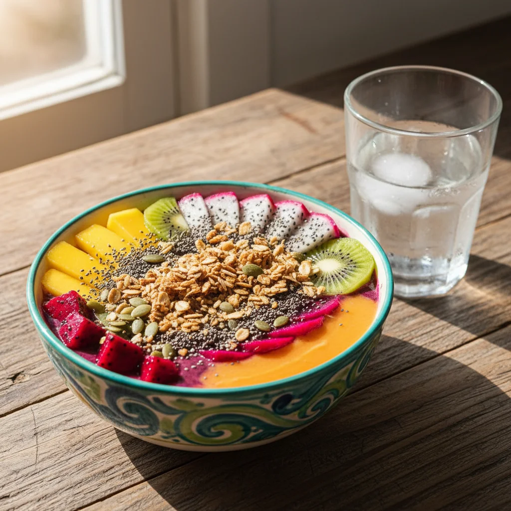 Colorful smoothie bowl with fresh fruits, seeds, and granola, representing a healthy breakfast.