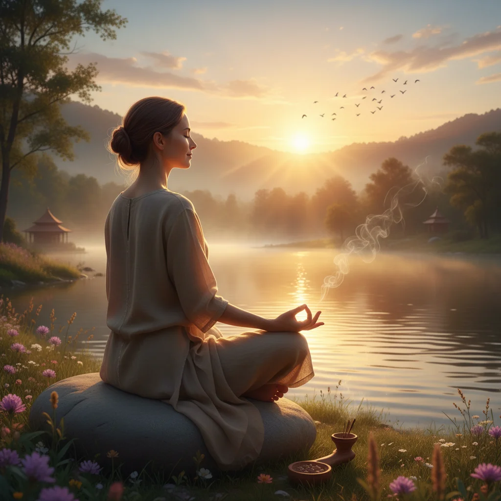 Person meditating calmly outdoors at sunrise, promoting mindfulness and inner peace.