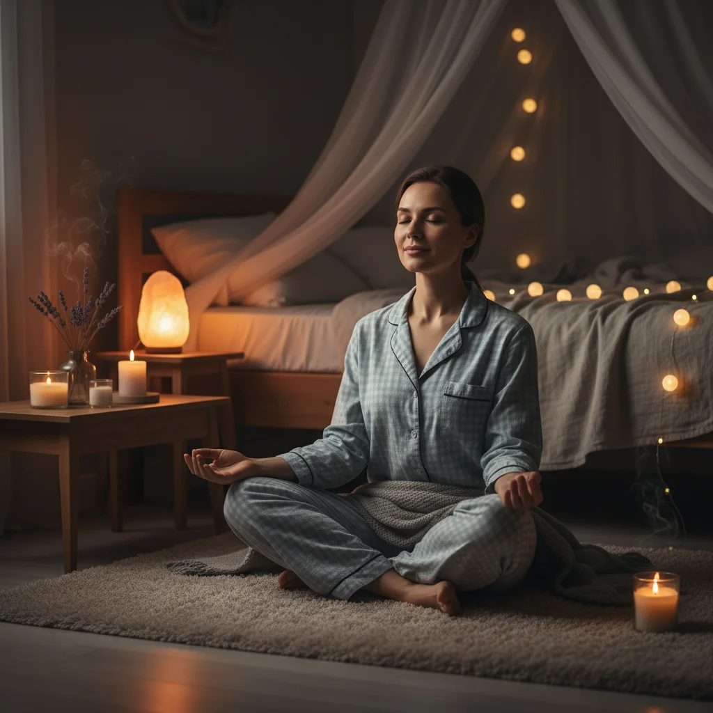 Person meditating before bed, promoting relaxation and improved sleep quality for 7 hours sleep.