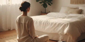 Person meditating in a sunlit room, practicing a mindful morning routine.
