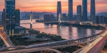Modern city infrastructure with bridge, train, and highways at sunset, symbolizing progress.