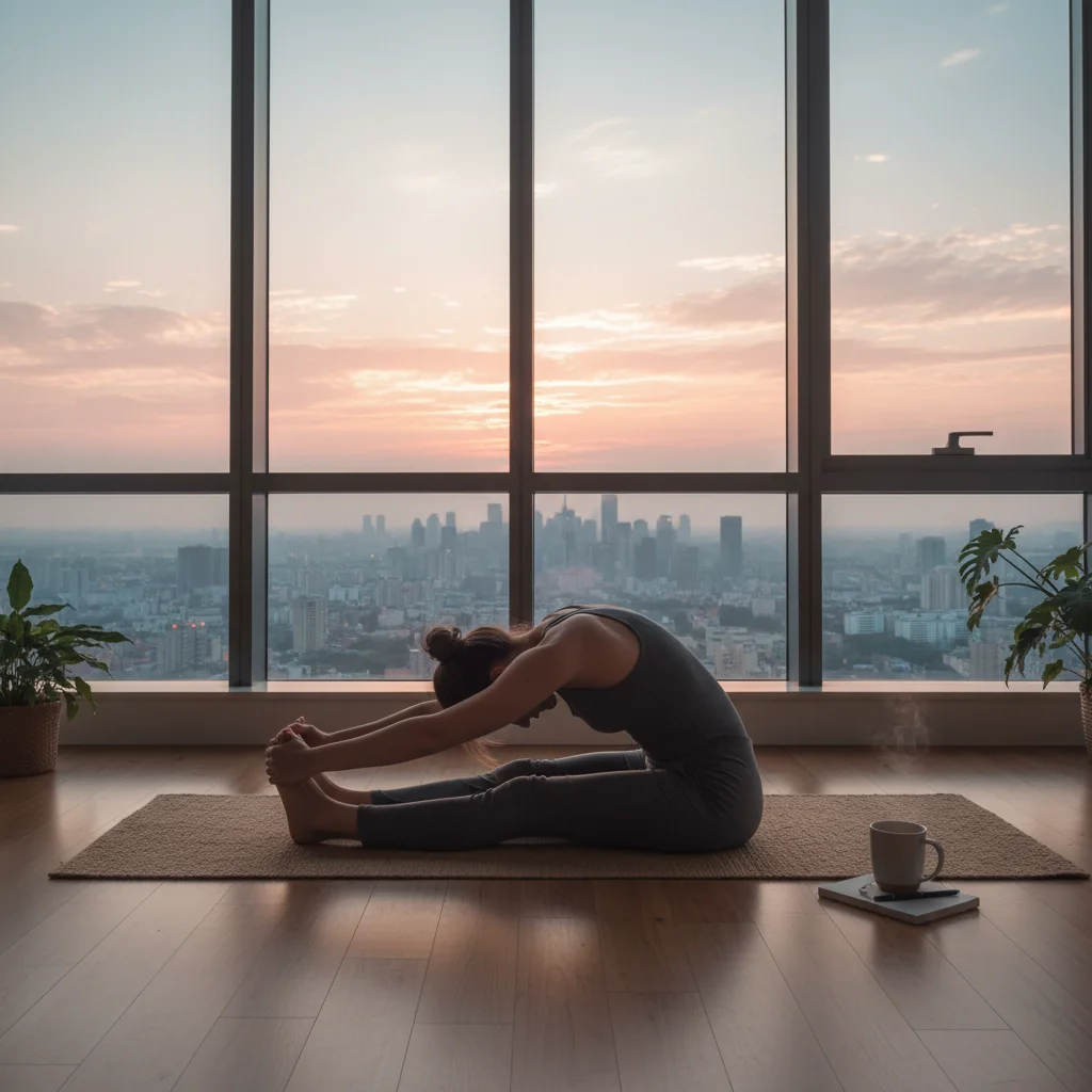 Gentle morning stretches with a city skyline view, enhancing well-being.