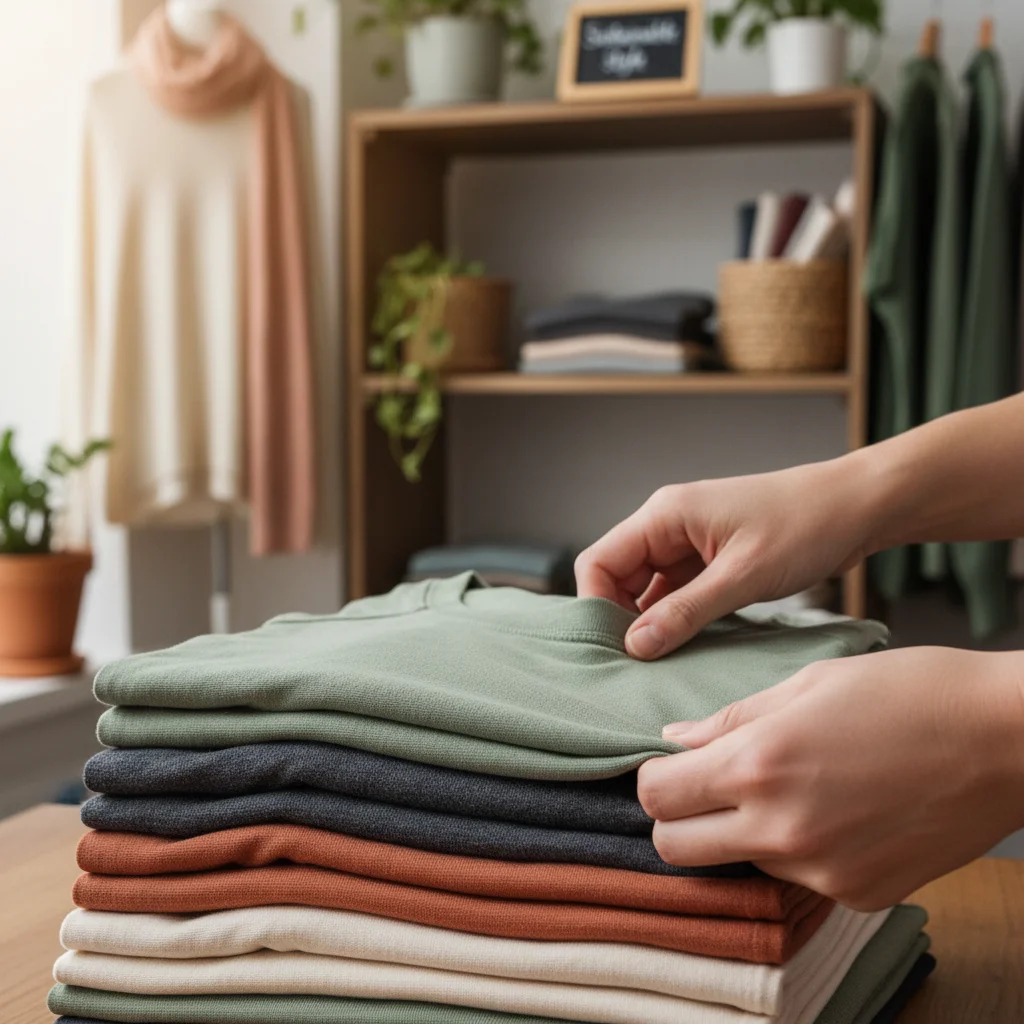 Hands folding organic cotton t-shirts, emphasizing the quality of sustainable fabrics.