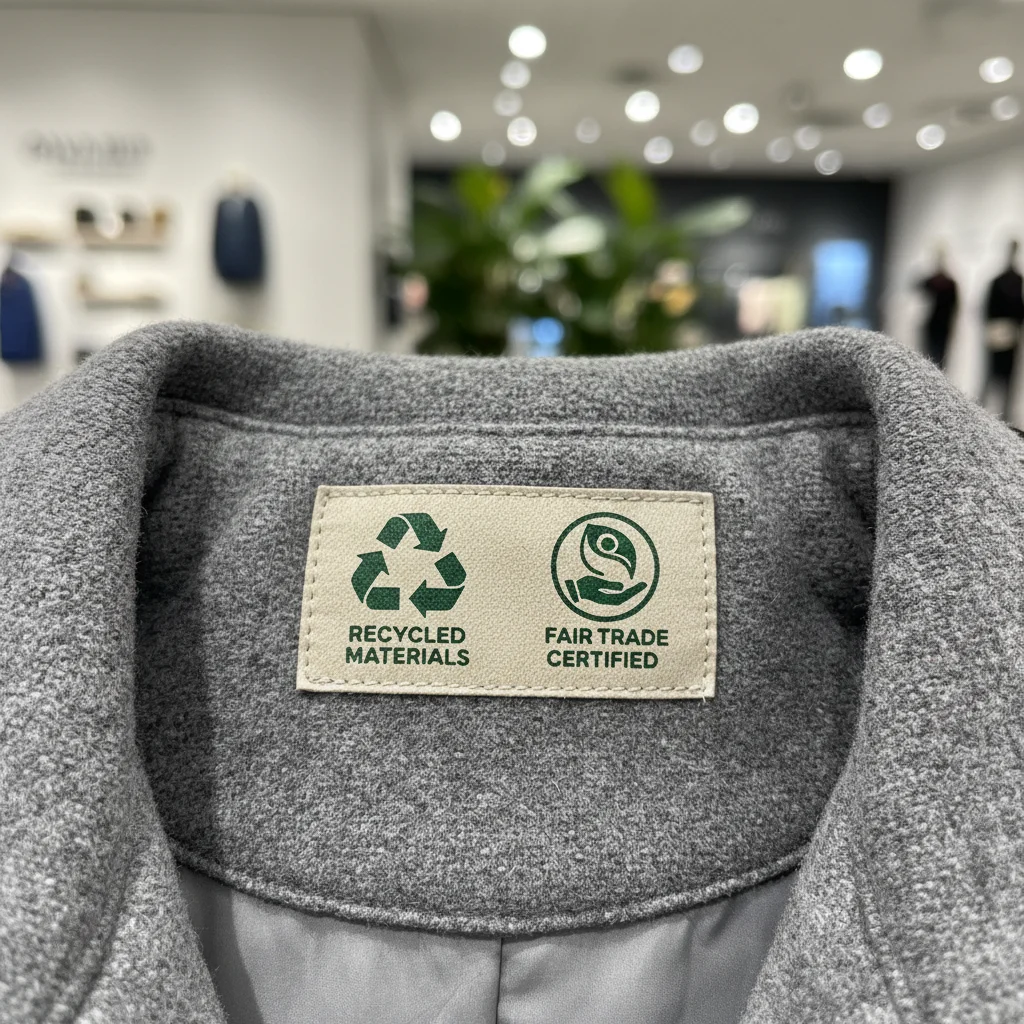 Garment tag displaying 'recycled materials' and 'fair trade certified' symbols on a modern jacket.