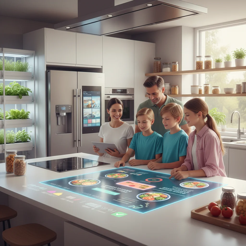 Family using a smart kitchen display for personalized meal planning and hydroponic gardening