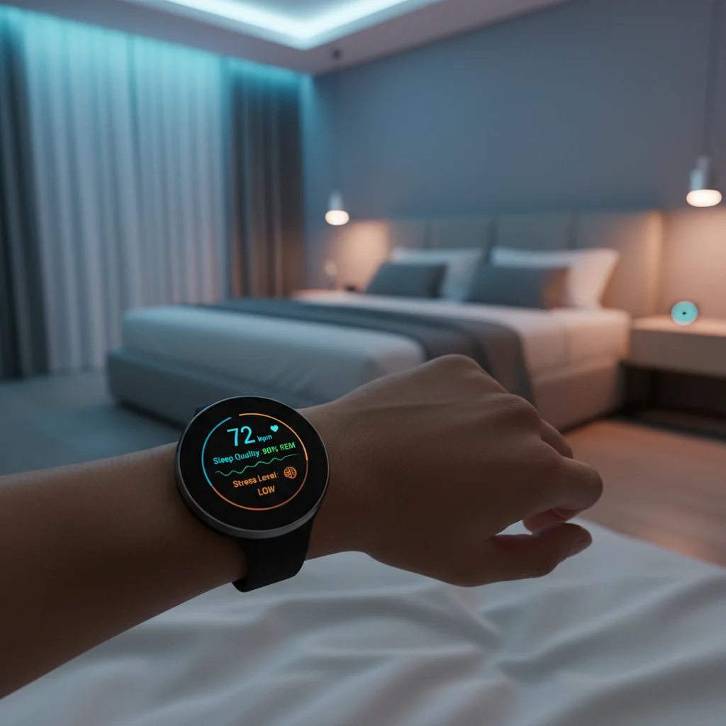 Wearable device displaying biometric data in a smart bedroom setting