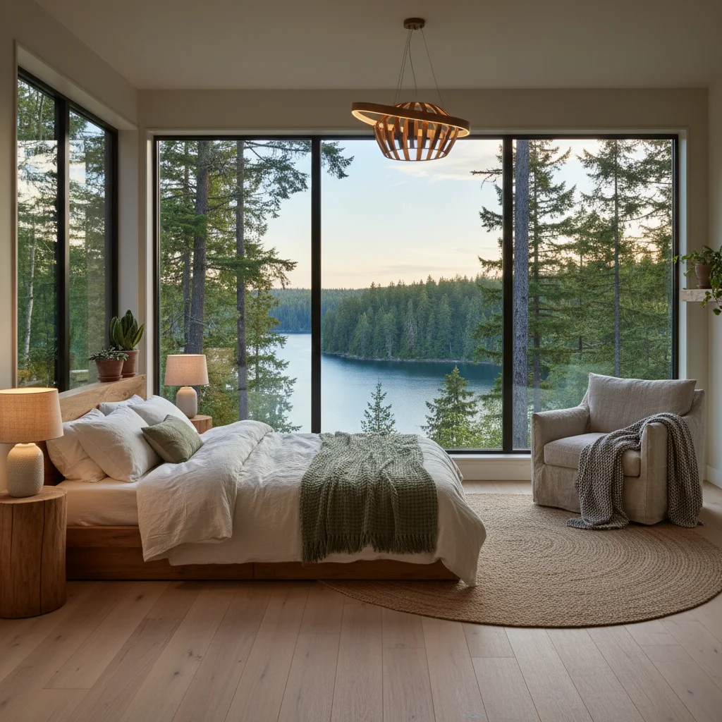 Bedroom with natural view and organic materials, biophilic connection