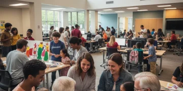Diverse community members engaging in activities at a modern community center, symbolizing successful federal grant programs.