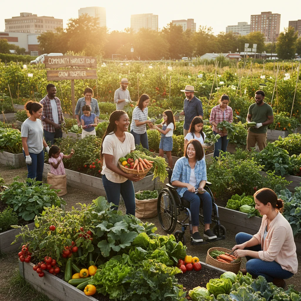 Community garden with people harvesting sustainable produce
