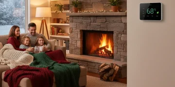 Family enjoying a warm, energy-efficient living room in winter