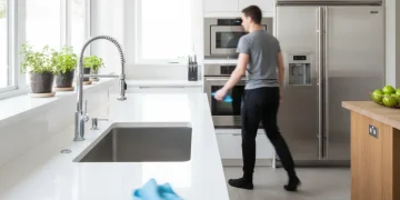 Person efficiently wiping down a sparkling modern kitchen countertop