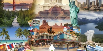 Diverse American landmarks and natural landscapes representing federal tourism initiatives for economic growth.
